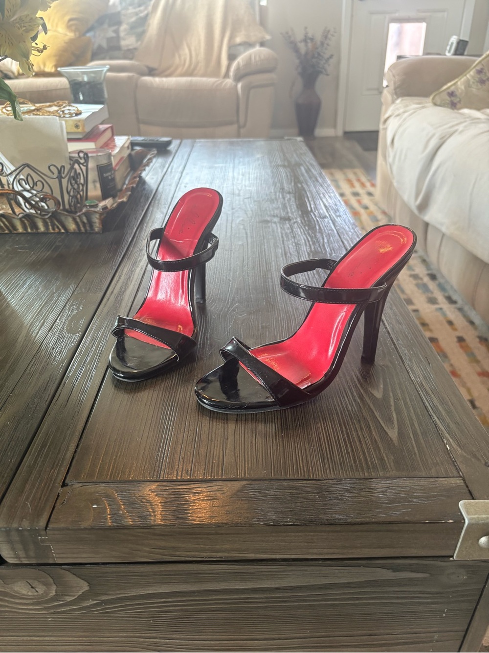 Black Patent High-Heel Slide Sandals with Red Insole
